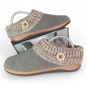 Clarks Knitted Collar Suede Fur Lined Hard Bottom Slippers Grey Women's 9M
